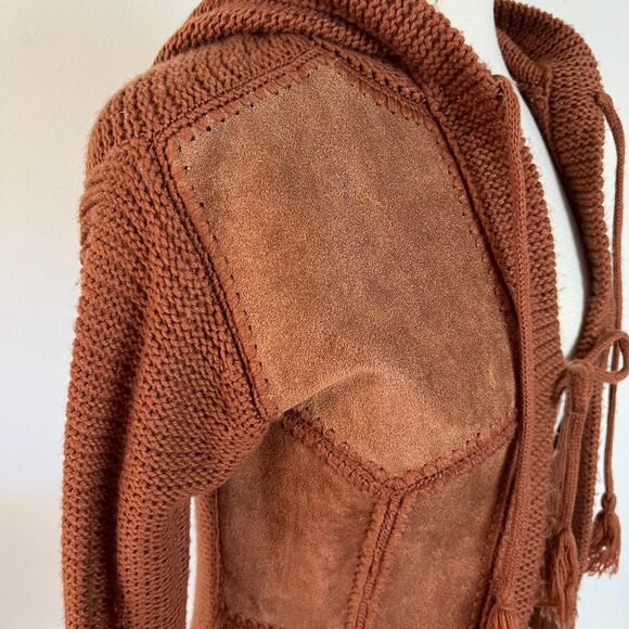 Vintage‎ 70s Brown Suede Patchwork Sweater Hoodie Sweater Jacket // Size Small - Picture 2 of 5